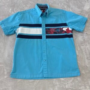 Tommy Jeans Mens Button Down Shirt Short Sleeve Blue‎ Graphic Casual